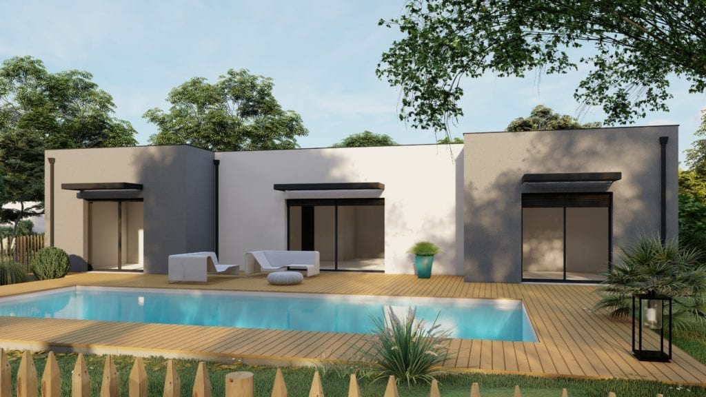 vue extérieure côté jardin de la maison modèle design et sa piscine