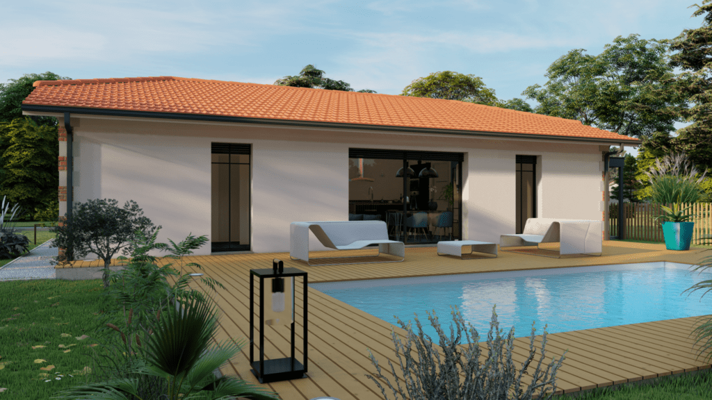 vue extérieure côté jardin de la maison modèle loft arcachonnaise et sa piscine