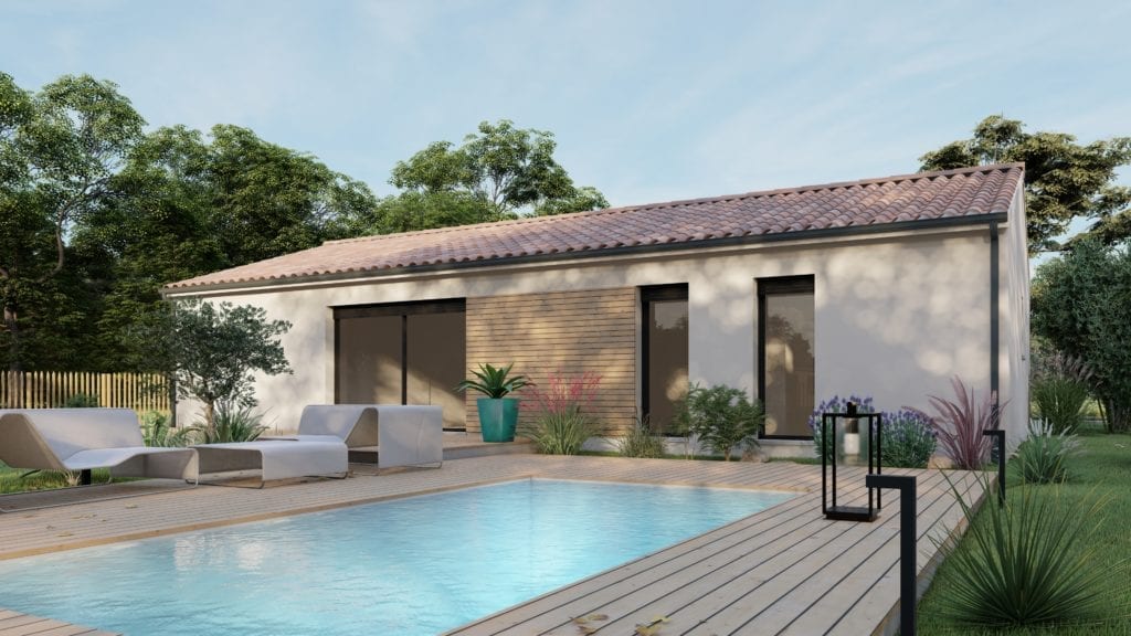 vue extérieure côté jardin de la maison modèle pop et sa piscine