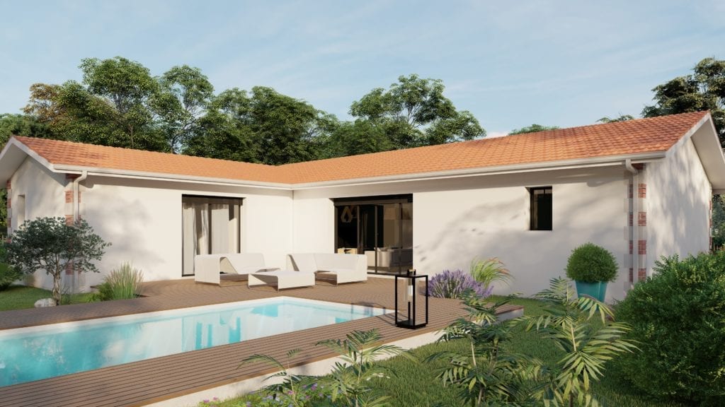 vue extérieure côté jardin de la maison modèle trendy arcachonnaise et sa piscine