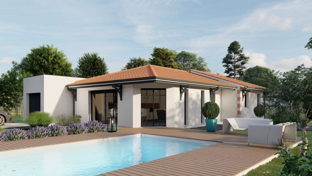 vue côté jardin de la maison modèle tech arcachonnaise avec piscine et garage